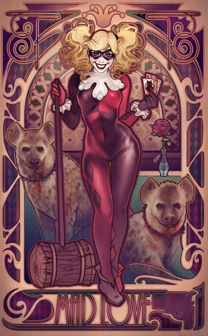 image depicts harley quinn standing between two hyenas, holding a mallet in one hand and playing cards in the other. she's wearing her classic red and black clown costume, and the background is ornate and art nouveauinspired, with the words "mad love" at the bottom.