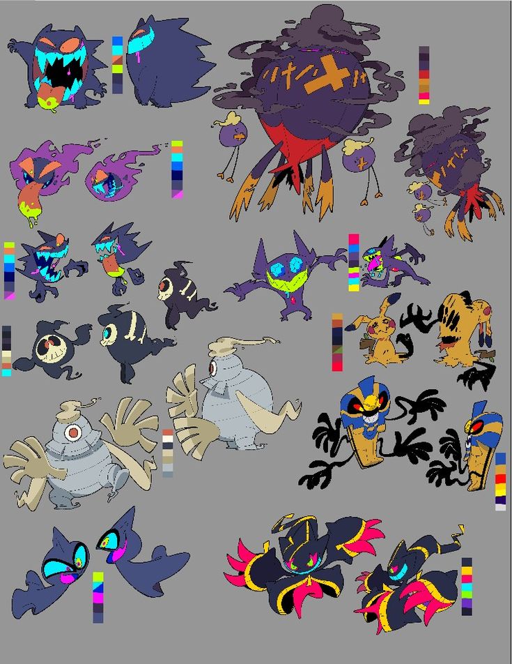 the image showcases a collection of concept art pieces, likely for ghosttype pokémon. it displays numerous character designs, showing various stages of evolution or different forms of the same creature. each creature is depicted in a vibrant and stylized anime style, with clear color palettes displayed next to each design. the overall style is spooky and whimsical, with a focus on unique shapes and glowing details. the designs range from small, simple creatures to large, complex figures.  many of the designs incorporate elements like floating limbs, smoky trails, and sharp teeth. the art is clearly digital, showing a variety of line work, shading, and color choices.