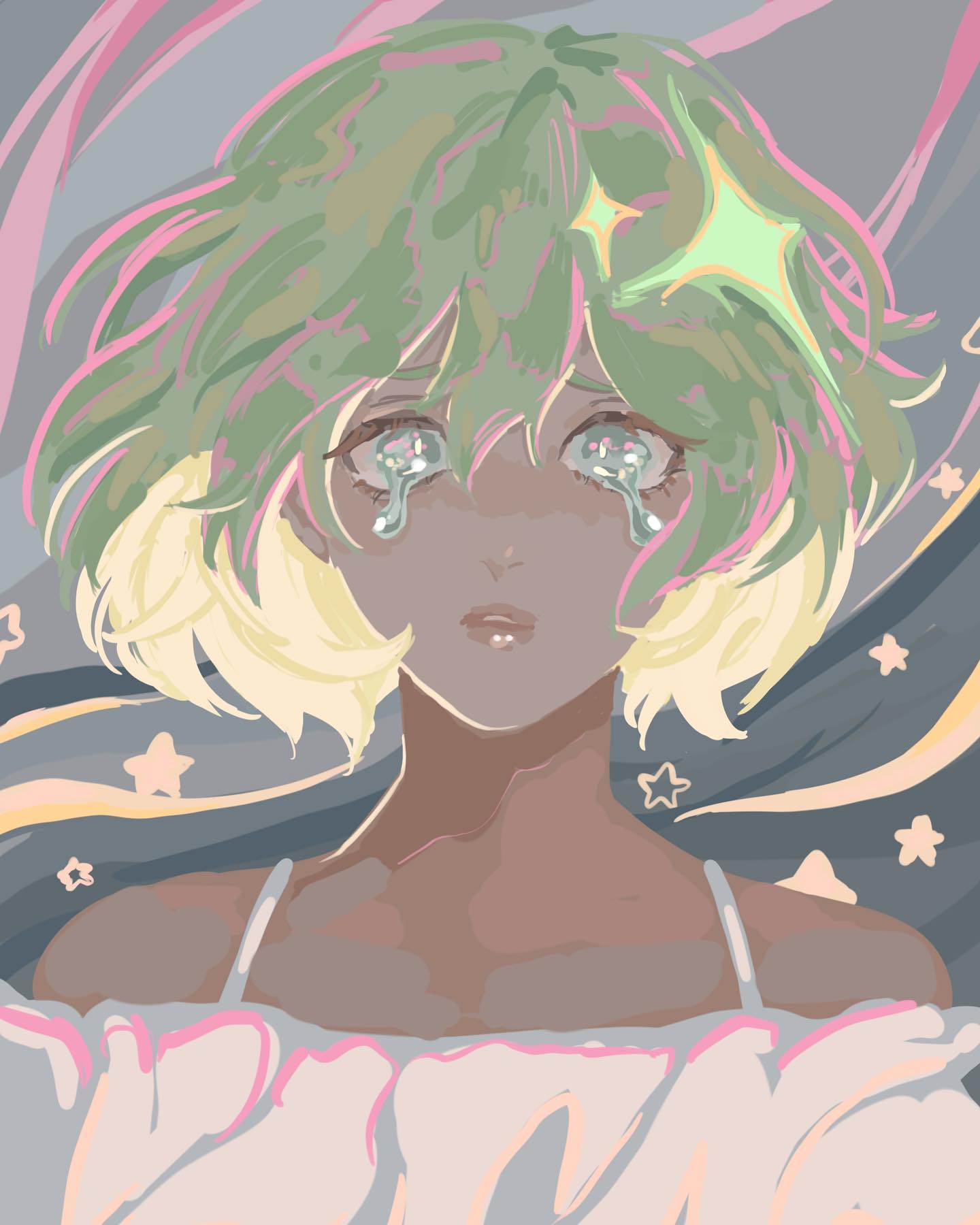 this is a digital art illustration of a sad anime girl with short green and blonde hair. her eyes are blue, and tears are streaming down her cheeks, against a starry, galaxy background. she is wearing a white dress with straps and looks dreamy and ethereal.