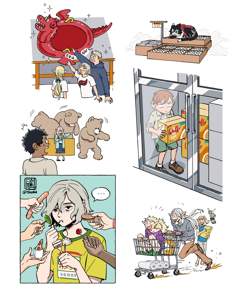 the image shows a multipanel comic strip. the first panel shows a group of three friends outside a toy store. they're looking at an inflatable dragon. the second panel shows a man inside a grocery store looking at a cereal aisle. he's holding a box of waffles. the third panel shows a young man inside a grocery store getting food from a snack bar. he's being served a bunch of food like candy, hotdogs and ice cream. the fourth panel shows a group of friends getting a shopping cart full of food and groceries. they're happy and excited to buy things.