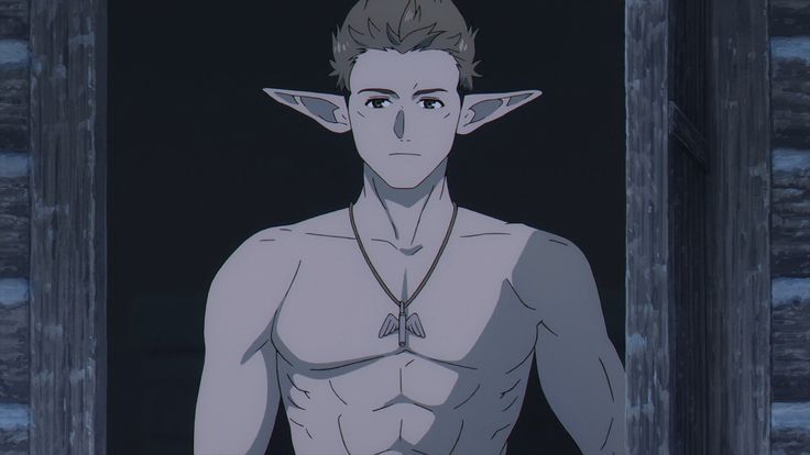 this is a still from an anime series, featuring a shirtless, muscular male elf with pointed ears. he has a winged pendant on his chest, and is standing in a doorway, looking at the viewer with a serious expression.  the background is dark and shadowy,  enhancing the mysterious and fantasylike vibe of the image.