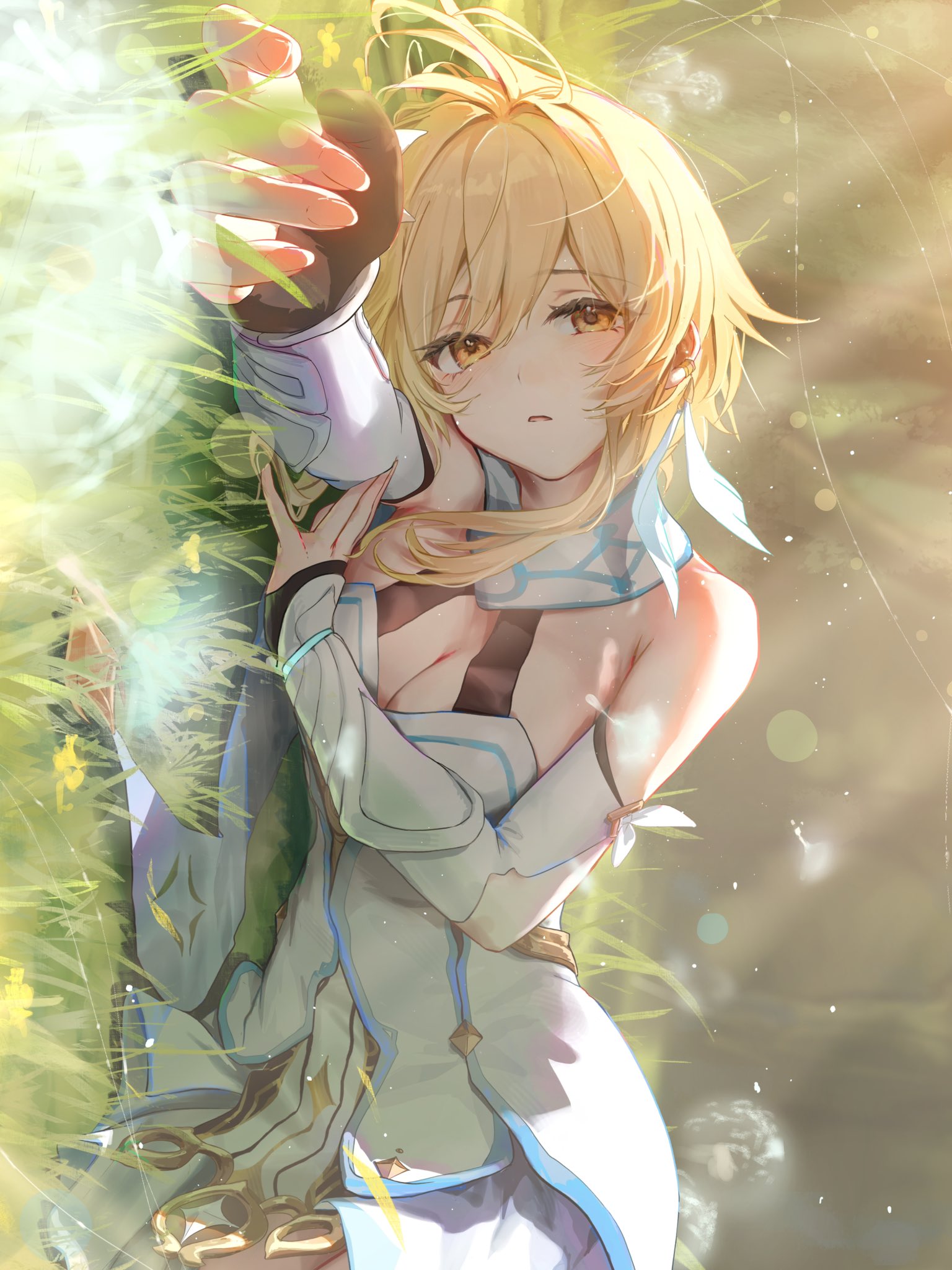 the image is a digital painting of an animestyle girl with long, blonde hair. she is wearing a light blue, flowing dress with subtle details suggesting fantasy elements like armor or embellishments.  she's surrounded by tall grass and what appear to be dandelionlike flowers, with beams of sunlight filtering through. the overall mood is serene, peaceful, and ethereal, suggesting a fantasy setting. the artist’s style is soft and delicate, using light colors and a dreamy, slightly hazy quality to create a magical atmosphere. the girl's pose, with her hand outstretched towards the viewer, adds an element of interaction and mystery.