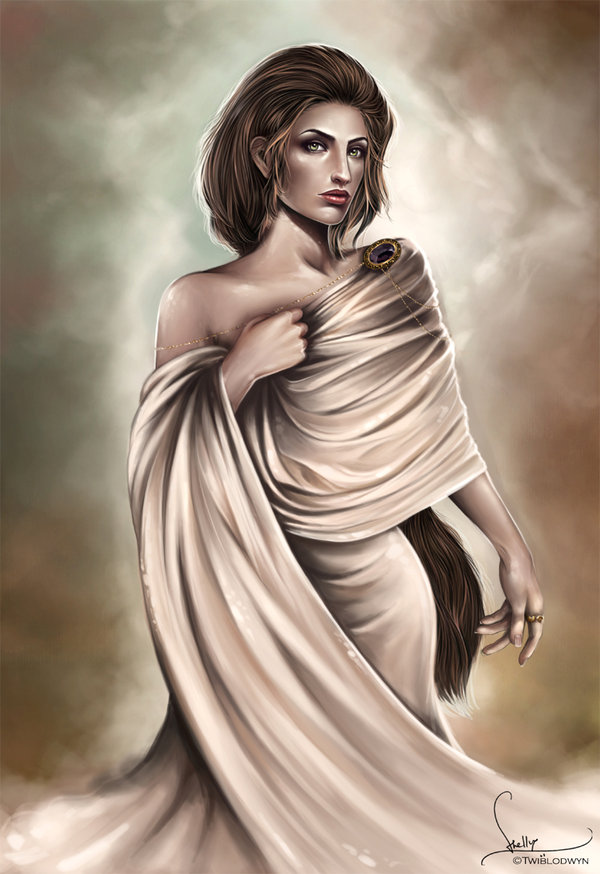 the image showcases a digital painting of a woman, possibly a goddess or ethereal being, exuding elegance and serenity. she's depicted in a flowing, beige robe or shawl that drapes beautifully around her, creating soft folds and curves. her long brown hair cascades down her back.  the woman has a calm and somewhat mysterious expression, and she wears simple jewelry including a striking amethyst brooch on her shoulder and a gold ring on her finger. the background is subtle and muted, focusing attention on the figure. the overall style is artistic and sophisticated, with a timeless quality. the artist's signature is subtly included in the bottom right corner.