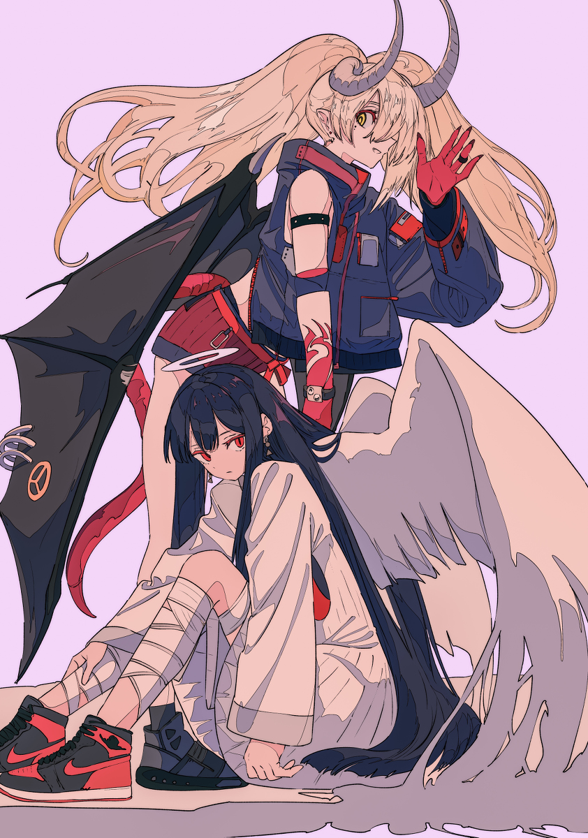 the image is a digital illustration featuring two animestyle girls. one girl has long blonde hair, horns, and devillike wings. she is wearing a dark blue streetwearstyle jacket and red accessories. the other girl has long dark blue hair, angellike wings, and is wearing a pale white garment. her outfit includes what looks like bandages on her legs and she is wearing air jordan style sneakers.  they are posed together, the demon girl slightly behind the angel girl, their contrasting styles and imagery creating a visually striking composition against a soft purple backdrop. the overall aesthetic is a blend of fantasy elements with a modern, streetwear twist on clothing.