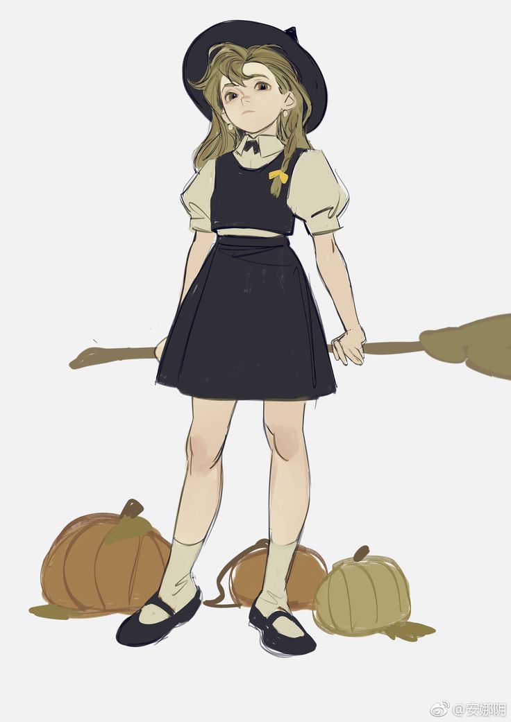 a cute anime girl dressed as a witch in a black dress, a witch's hat, and black shoes, she is standing with a broom in her hand. around her are pumpkins.
