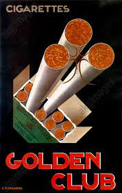 an advertisement poster for "golden club" brand of cigarettes with a pack spilling out cigarettes.