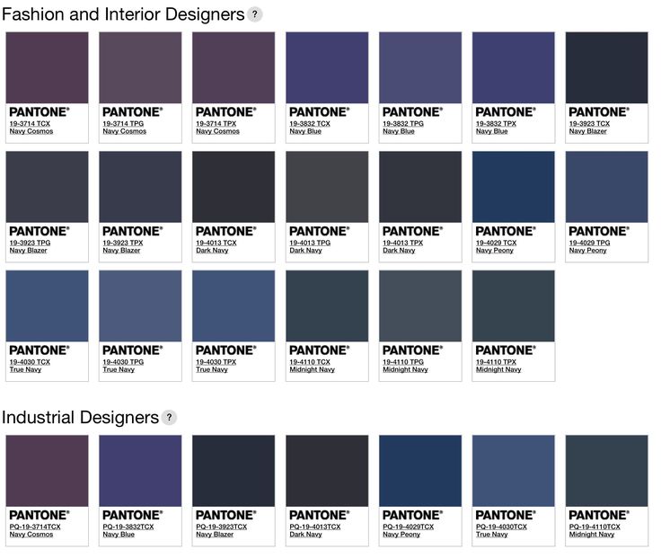the image shows a collection of pantone color swatches, categorized for fashion and interior designers versus industrial designers. each swatch is labeled with its specific pantone code and color name, featuring various shades of navy blue.