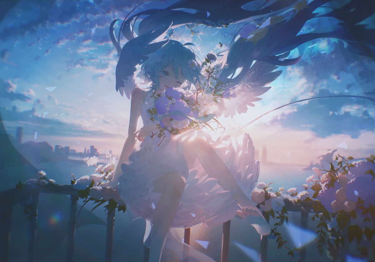 a digital art illustration of an anime girl with long blue hair and white wings, wearing a white dress and holding a bouquet of flowers. she is sitting on a balcony overlooking a city skyline and a cloudy sky. the scene has a dreamlike and ethereal quality.