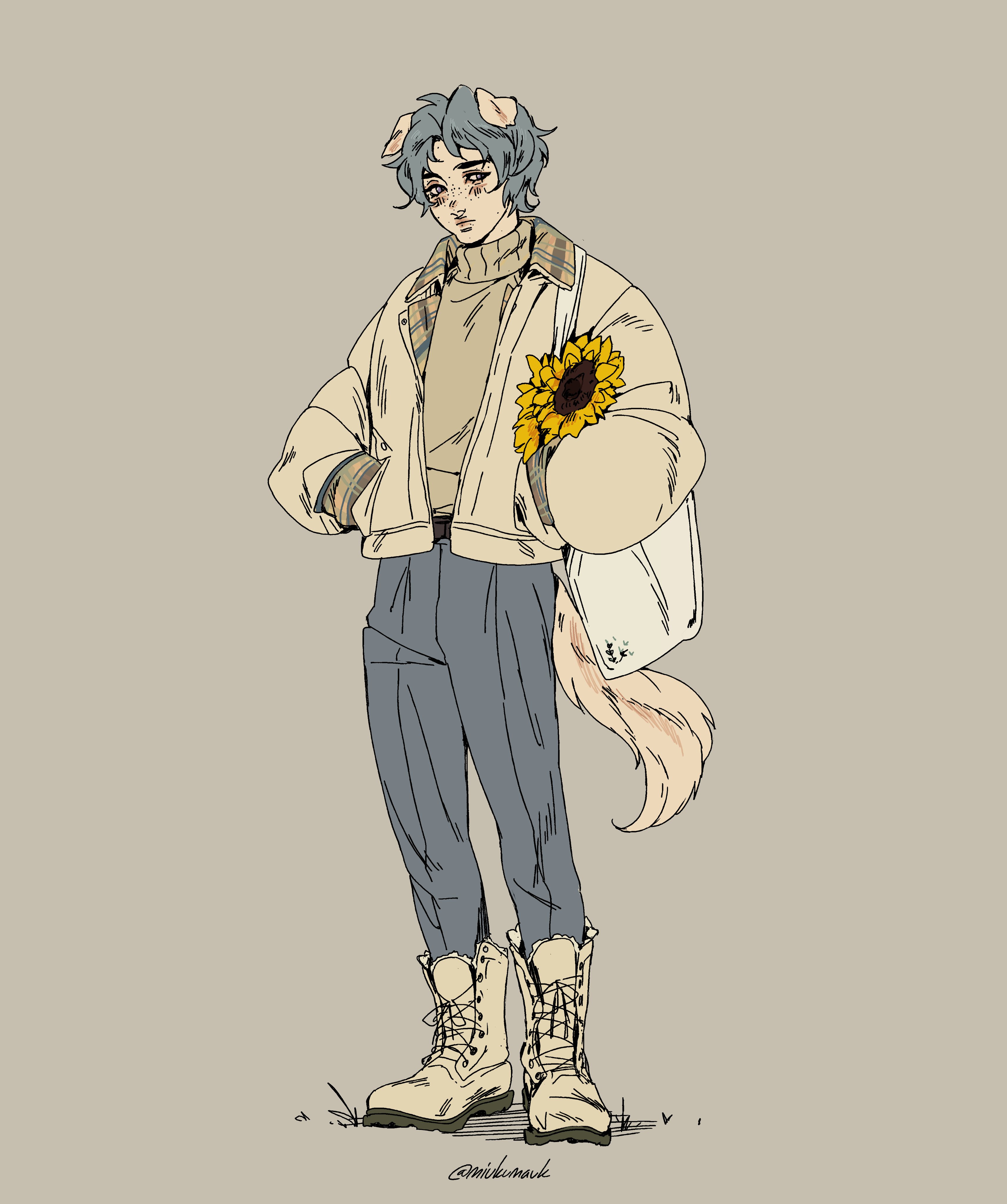 this illustration depicts a young woman standing with a sunflower in hand. she is wearing a white jacket, blue jeans, and brown boots. she has furry ears and a furry tail. the background is a light gray. the image is drawn in a cartoon style.
