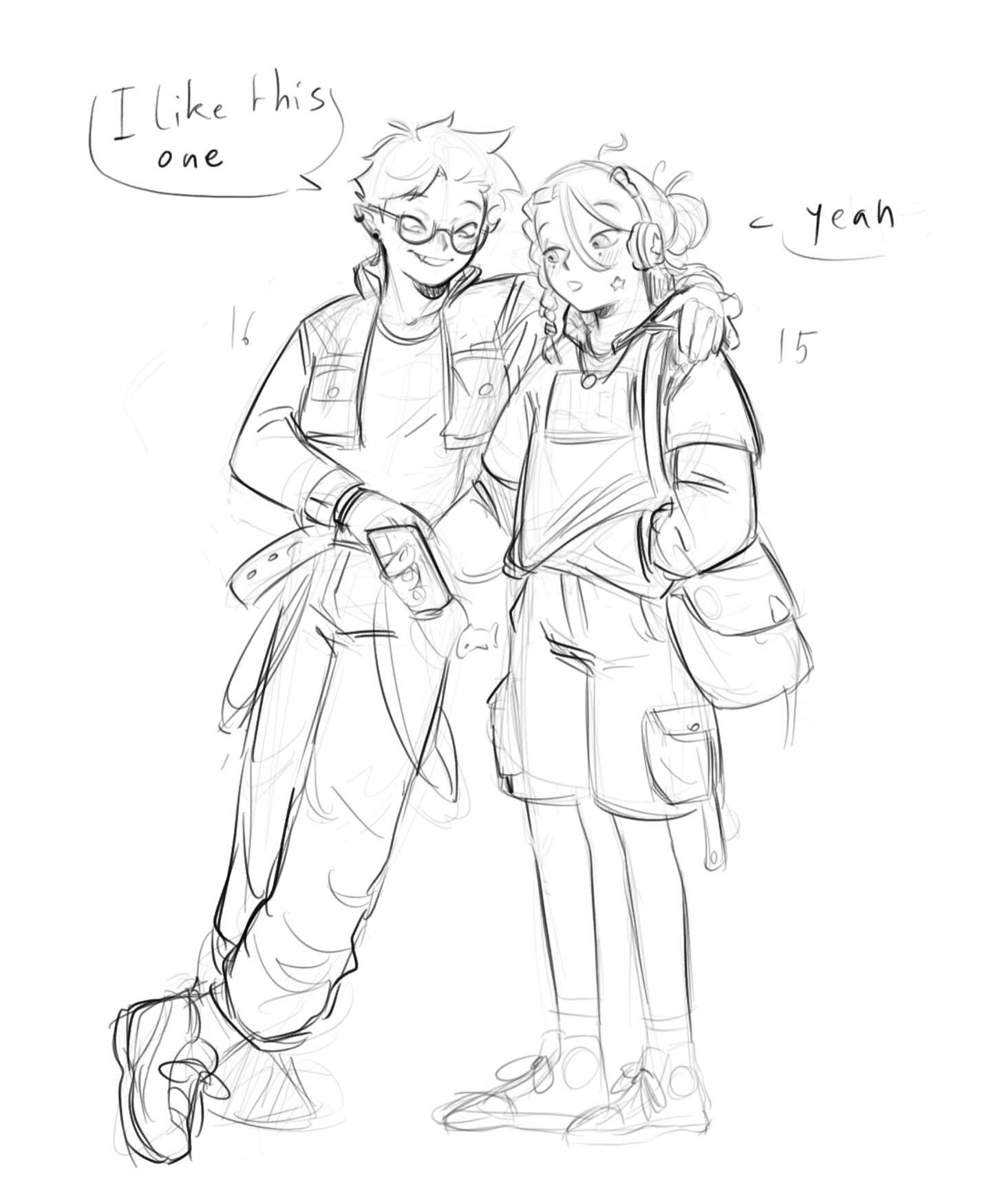 a pencil sketch of two anime/manga characters, a boy and a girl, standing sidebyside with their arms around each other. the boy is wearing a jacket and jeans, while the girl is wearing shorts and a jacket with a bag. they are smiling and appear to be happy together. the boy has glasses and the girl has a headband. the background is a simple white background. the text "i like this one" is written in a speech bubble above the boy's head, and the text "yeah" is written in a speech bubble above the girl's head. the style is very casual and relaxed.