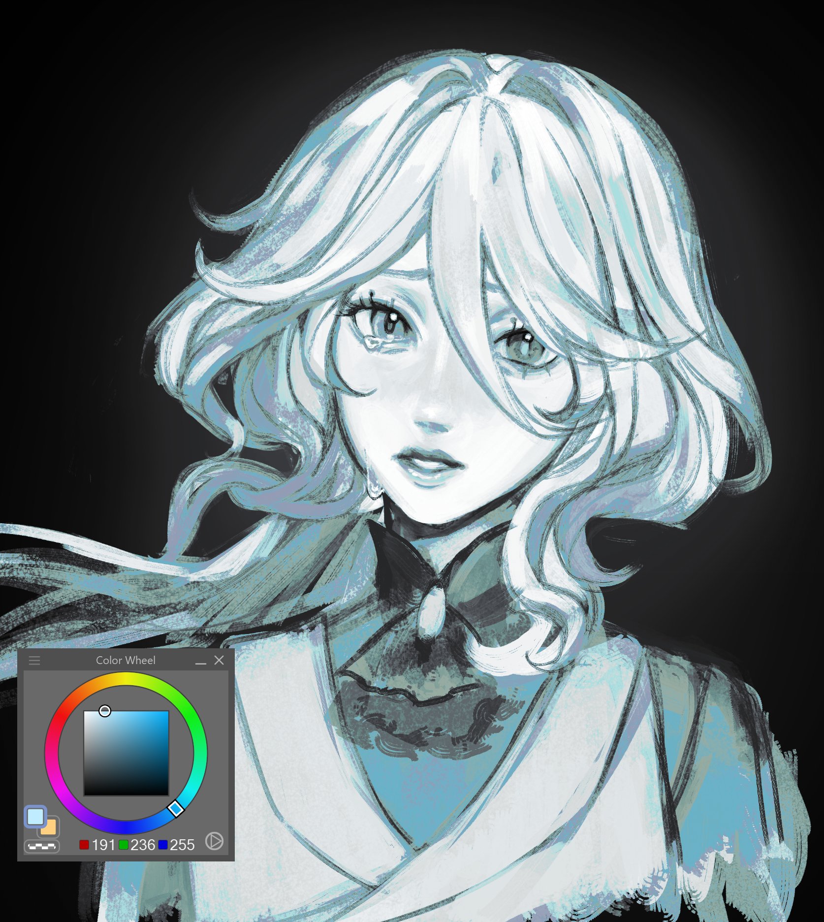 a digital painting of a young anime girl with white hair and blue eyes. she is crying and has a sad expression on her face. the background is a dark blue color and the girl is dressed in a white dress. the art style is very detailed and realistic.