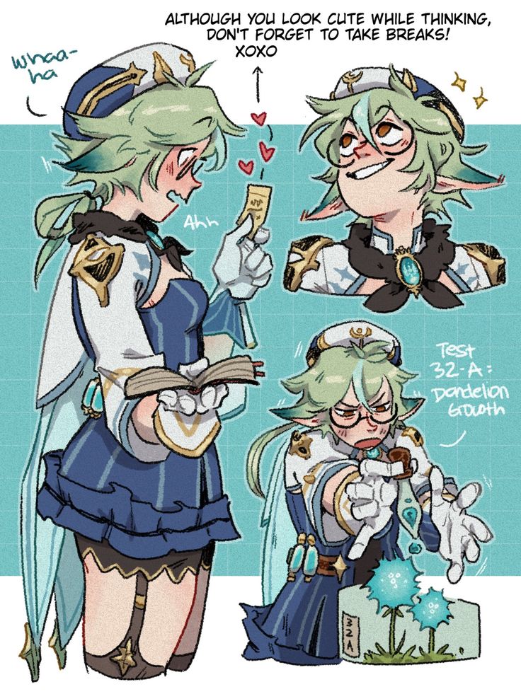 he image is a digital drawing or fanart featuring multiple illustrations of collei, a character from the video game genshin impact. the art style is animeinspired, with cute and chibilike proportions.  different poses and expressions of collei are shown. one shows her studying with a book, another holding a note and looking happy, and a third conducting a science experiment with dandelions. there's text which appears to be encouraging collei to take breaks, even though she looks cute while studying.  the overall tone is lighthearted and charming.