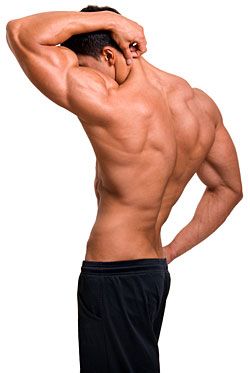a muscular man is standing with his back to the camera, his arm is bent at the elbow and his hand is resting on his neck. he is wearing black pants and has a very fit physique. he is isolated against a white background.