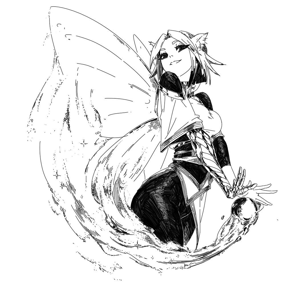 the image is a black and white ink drawing of a stylized female fairylike creature. she has large butterflylike wings, pointed ears, and a somewhat robotic or mechanical arm. she appears to be wielding or controlling a swirling mass of energy or water emanating from her hand. her expression is confident and almost mischievous. the style is reminiscent of anime or manga, with dynamic lines and shading that create a sense of movement and energy. the overall aesthetic is dark, yet elegant and sophisticated.