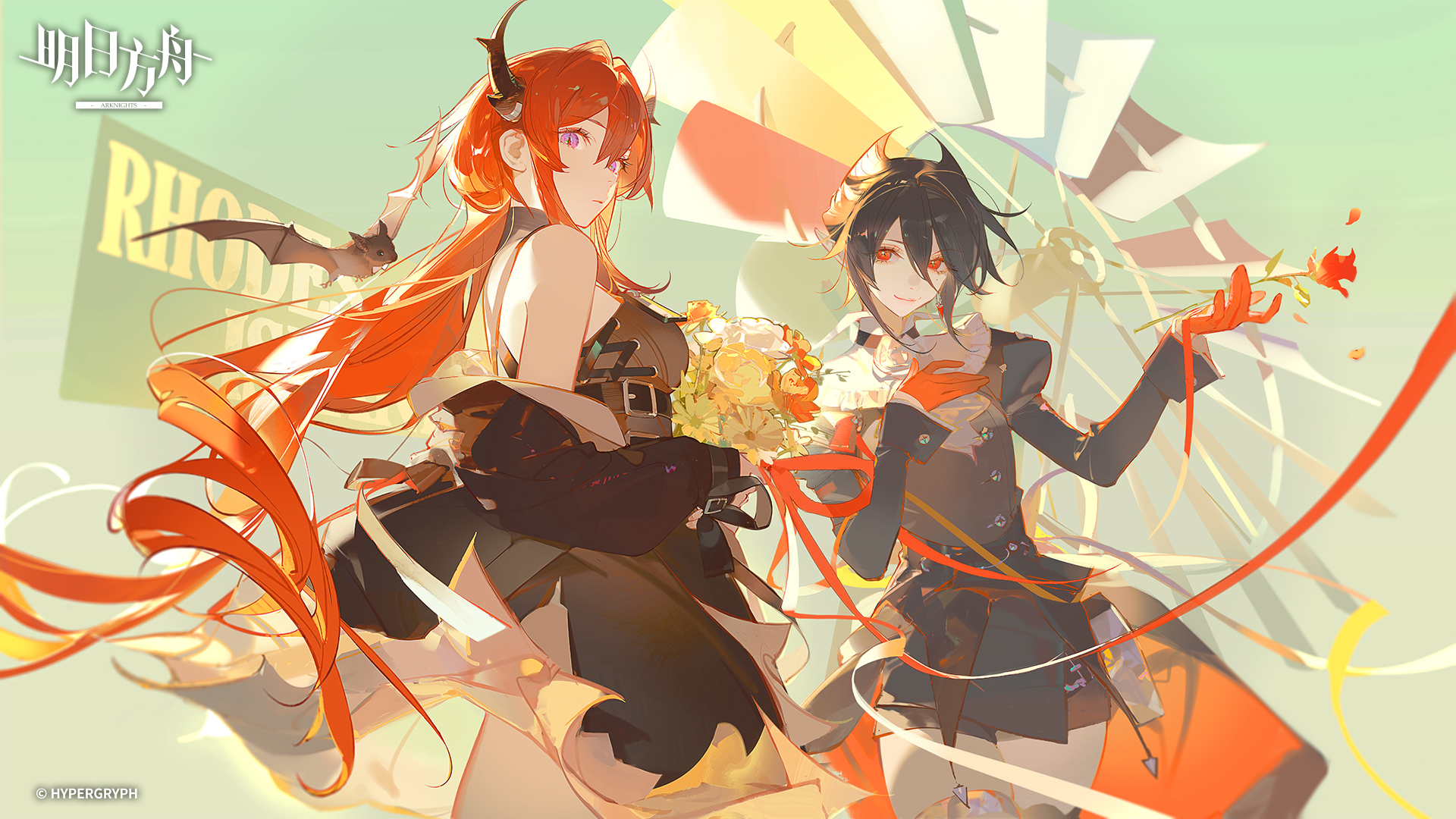 the image shows two female anime characters from arknights. the character on the left has red hair, purple eyes, and is wearing a black dress. there is a bat perched on her hair. the character on the right has black hair, red eyes, and is wearing a black uniform. she is holding a red rose. there is a bouquet of yellow flowers between them, and a ferris wheel in the background.