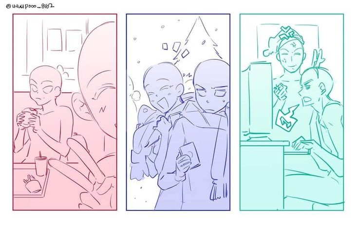 the image is a set of three digital sketches depicting the anatomy and pose of male characters in different scenarios, as a reference for artists to draw their own art. the left sketch is a man eating a burger and drink, the middle sketch is of two men walking together, and the right sketch is of two men playing video games together.