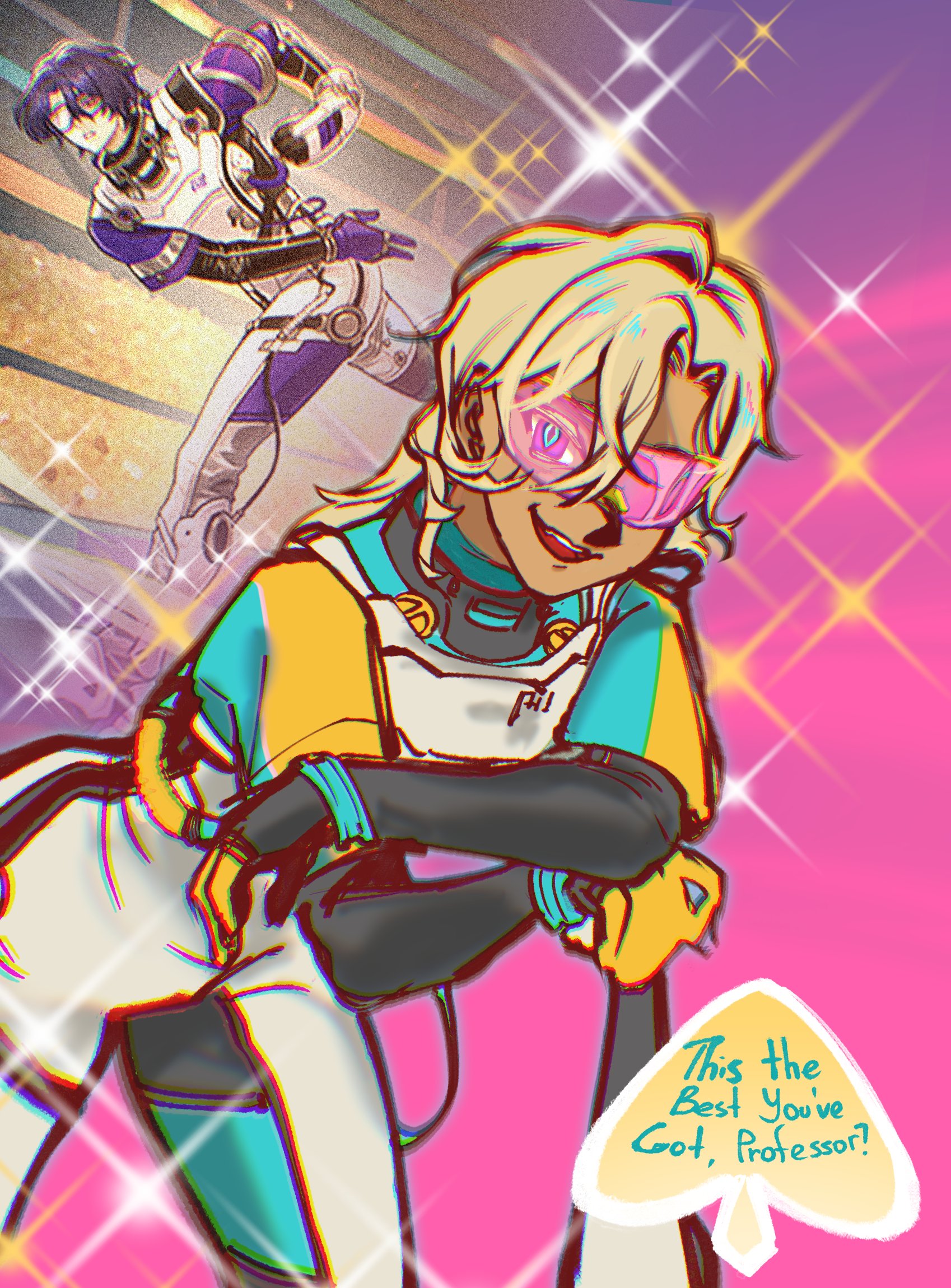 the image shows a digital illustration of two anime characters. the left side shows a male character with purple hair and a futuristic outfit standing and looking forward. on the right side is a female character with blonde hair and a blue, yellow, and white outfit. the character on the right is sitting and smiling with her arms crossed. the image is set against a pink background with a bright yellow sparkle effect. in the bottom right corner of the image is a yellow speech bubble with the words "this the best you've got, professor?"