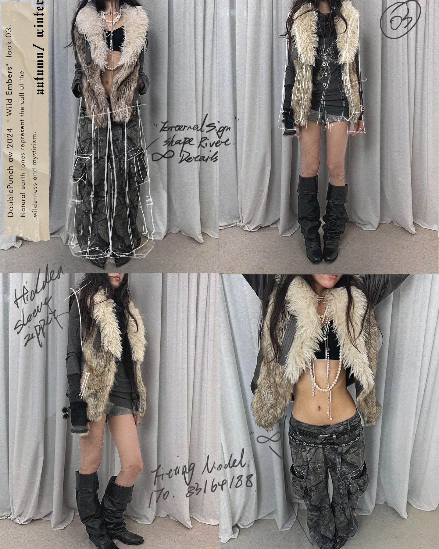 the image showcases a fashion photoshoot for doublepunch's autumn/winter 2024 collection, specifically "wild embers" look 03.  it features three different model shots presenting various styling options around a theme of natural earthy tones and a slightly mystical aesthetic. the main focus is on two outerwear pieces: a long, fauxfurtrimmed coat and a shorter fur vest, both styled with other garments like leather jackets, cargo pants, and high boots.  handwritten notes on the image describe details of the collection and the model's measurements.  the overall feel is edgy and fashionforward, using a color palette of grays and blacks.