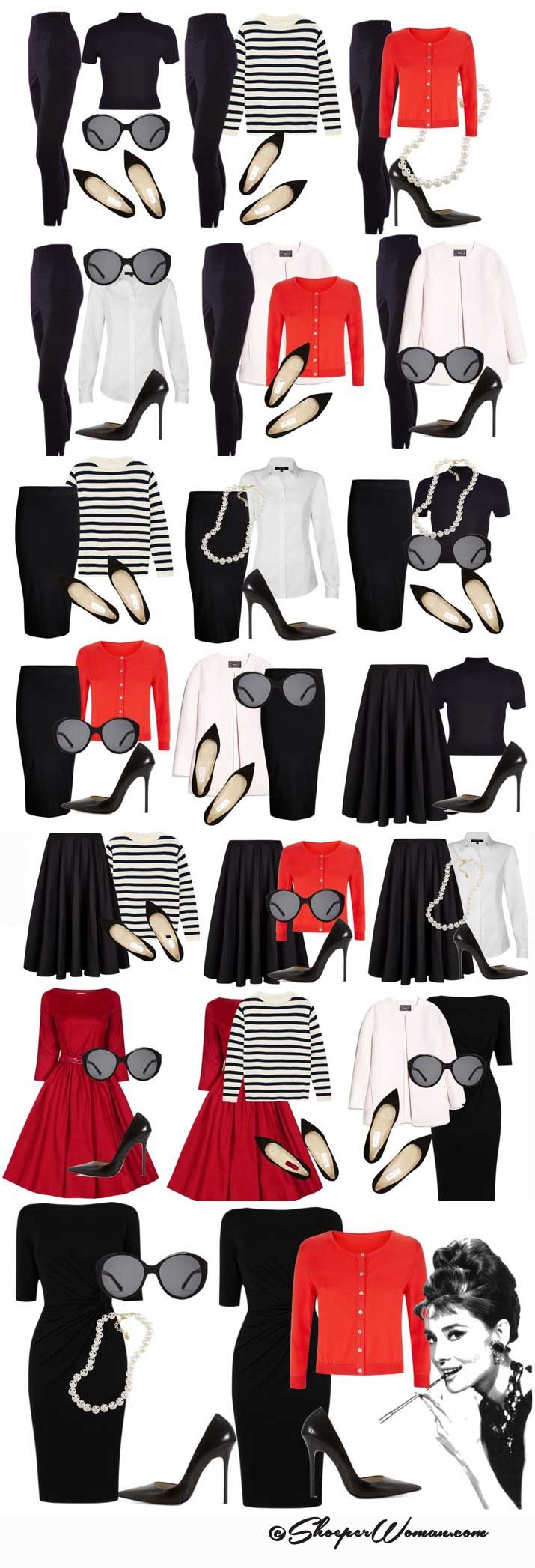 the image displays multiple outfits in a fashion collage, showcasing a variety of clothing items like pants, skirts, dresses, shirts, and cardigans in classic colors such as black, white, and red. shoes, including pumps and flats, are paired with each outfit, along with accessories like sunglasses and pearl necklaces. the collage includes an image of audrey hepburn, possibly referencing her iconic style.