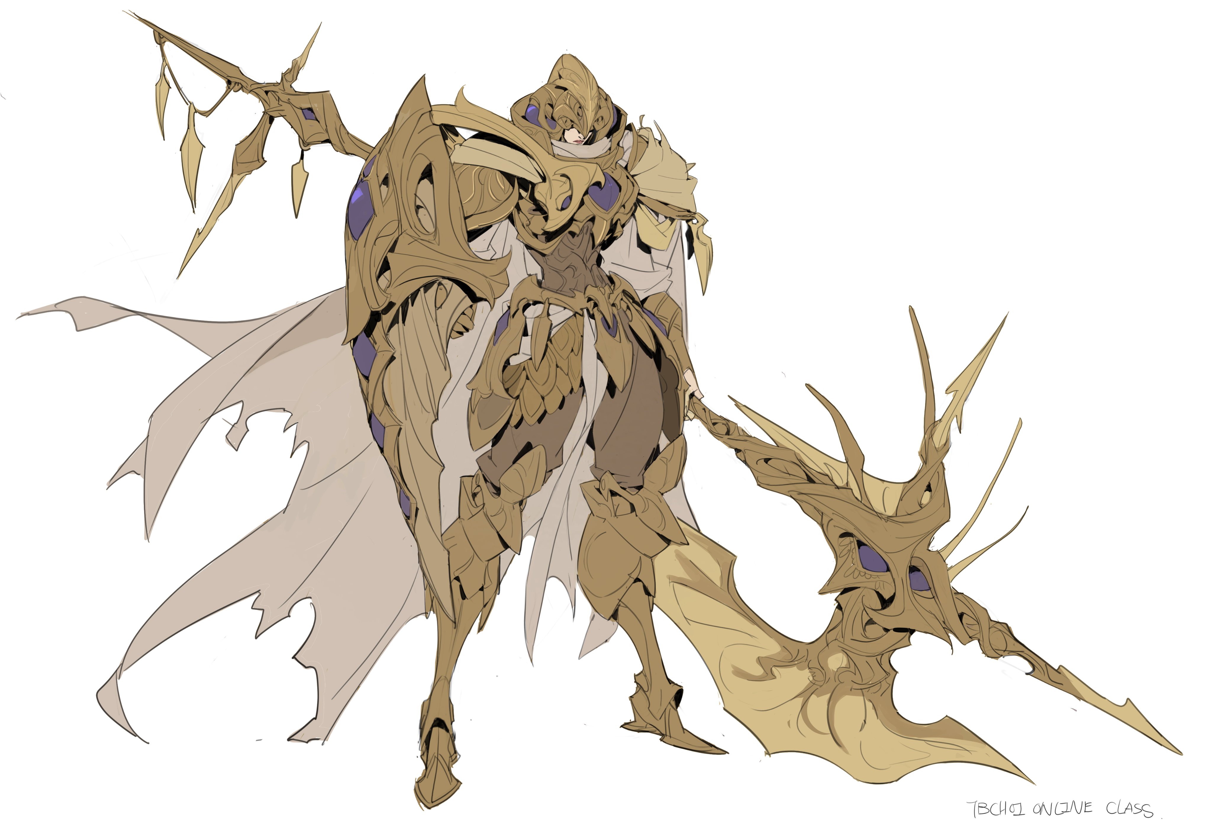 he image is a digital painting of a fantasy warrior character. the warrior is clad in elaborate, golden armor with intricate detailing and purple accents.  they wield a large, ornate spear with a unique, almost skeletallike design, and are also partially shielded by a large, intricately decorated, golden shield. the warrior's cape is torn and tattered, adding a sense of battleworn experience. the art style blends elements of anime and manga aesthetics with a focus on fantasy and detailed designs.  the overall impression is one of power, elegance, and a sense of ancient mythology. the signature "tbchi online class" suggests this may be student work from an online class.