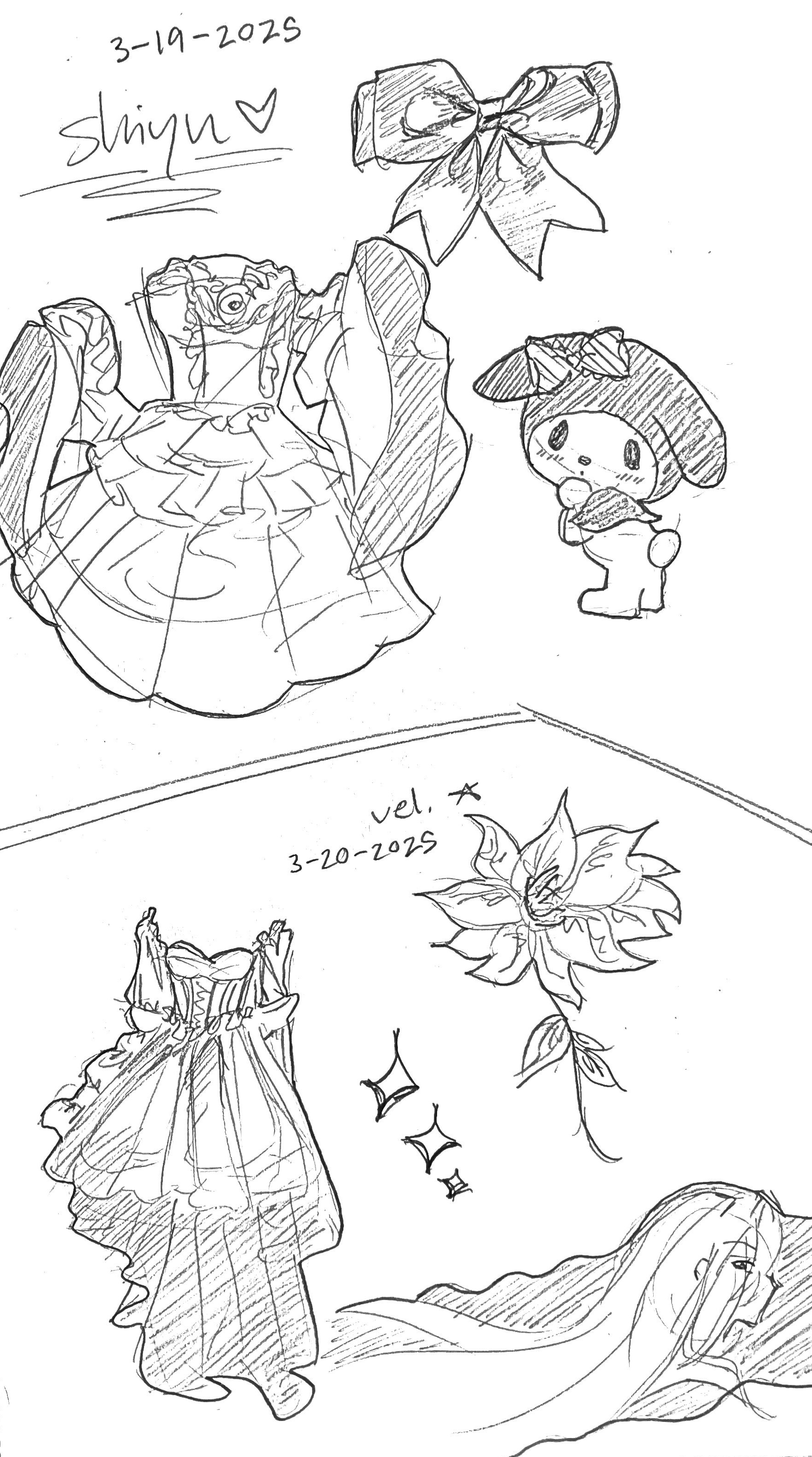 the image is a sketch divided into two sections with sketches of various elements. the top section includes a large dress, a big bow, and a my melody cartoon character. above these drawings are the date "3192025" and the name "shiyu" with a heart. the bottom section features another dress, a flower, a girl lying down, sparkles, and the date "3202025". "vel." is written next to the flower.
