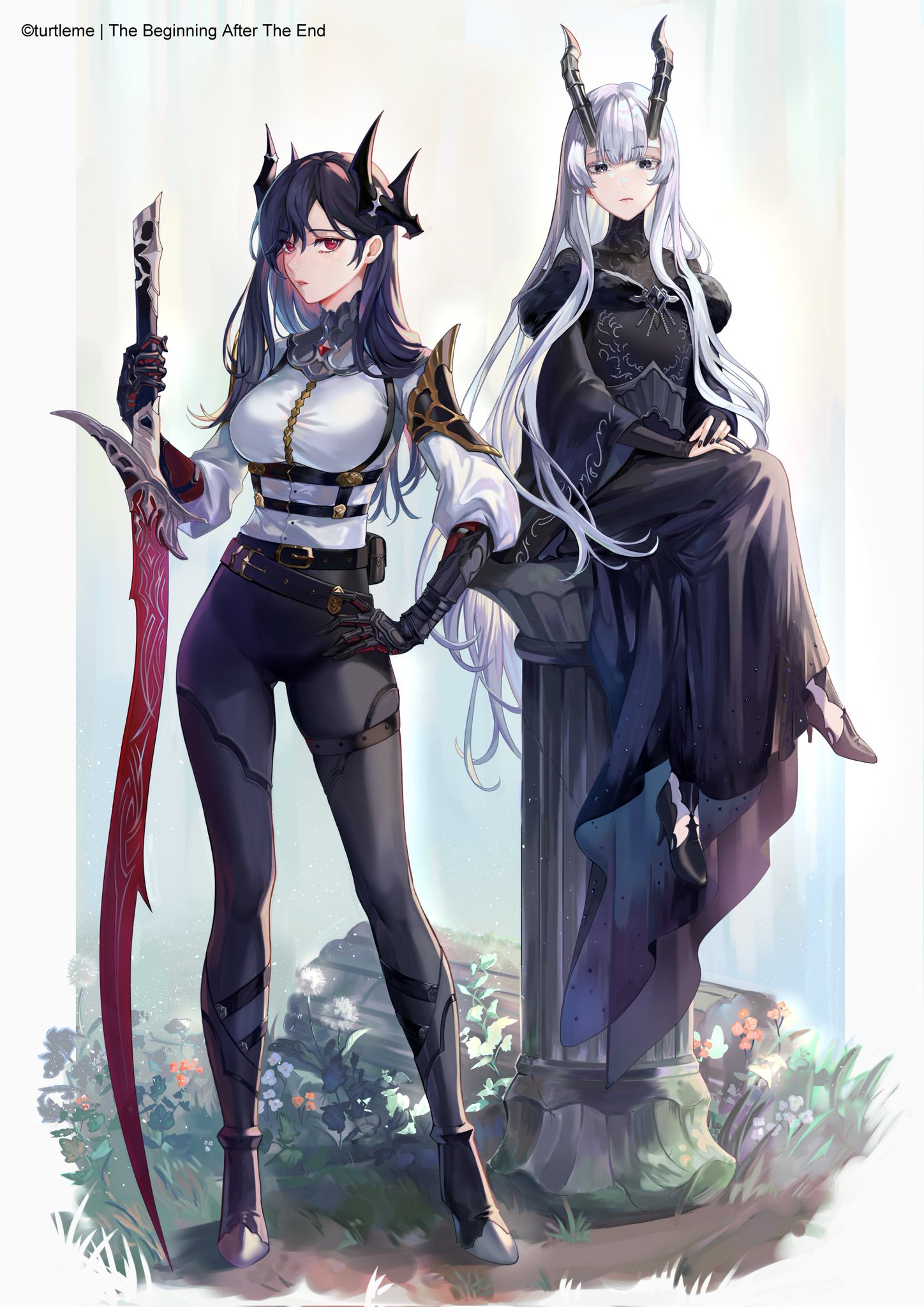 the image is a digital illustration of two anime girls. the girl on the left is standing and holding a sword. she has long, black hair and is wearing a black and white outfit. the girl on the right is sitting on a stone pillar. she has long, white hair and is wearing a black dress. both girls have horns on their heads. the background is a blurry landscape with flowers. the image is in a fantasy style. the girls appear to be magical warriors, dressed in stylish, elaborate outfits. they are staring ahead with confident expressions, ready for anything.