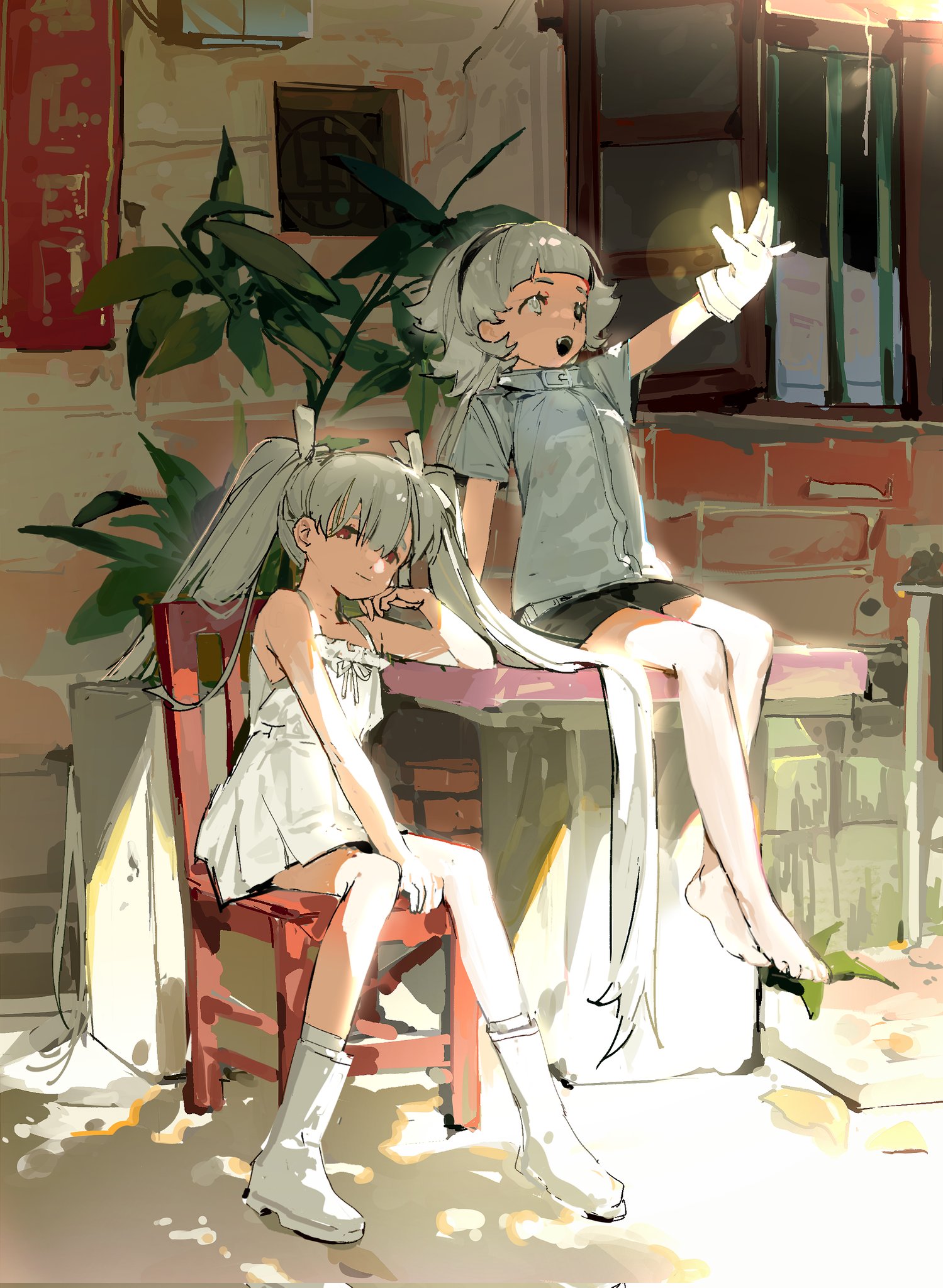 two anime styled girls are sitting outside a building. the girl on the left is sitting on a red chair and is wearing a white dress. she has long white hair with two pigtails. the girl on the right is sitting on a ledge and is wearing a blue shirt and black shorts. she is waving her right hand and has short white hair. the background is a tan building with a window. there are green plants in pots on both sides of the girls. the overall image is bright and sunny.