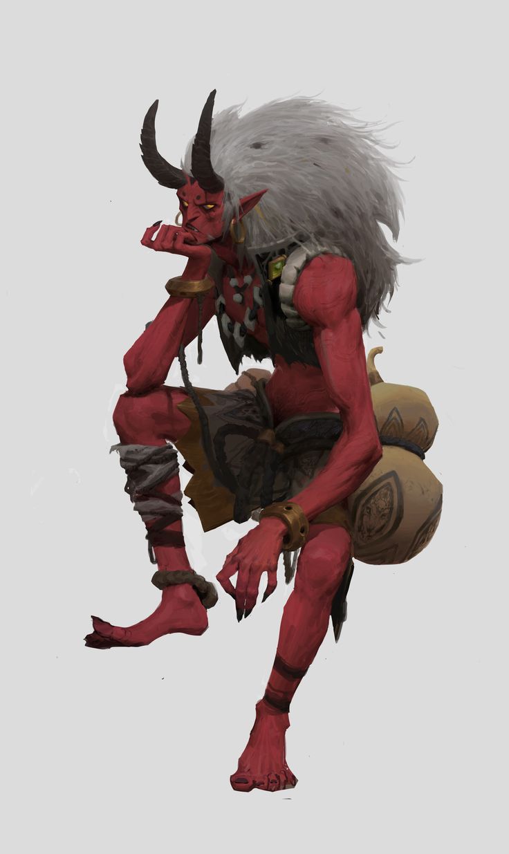 a red demon with white hair sits on a white background. he is resting and thinking.  there are two gourds on the side of him.  he has white hair with a red skin and red horns, which is a fantasy illustration.