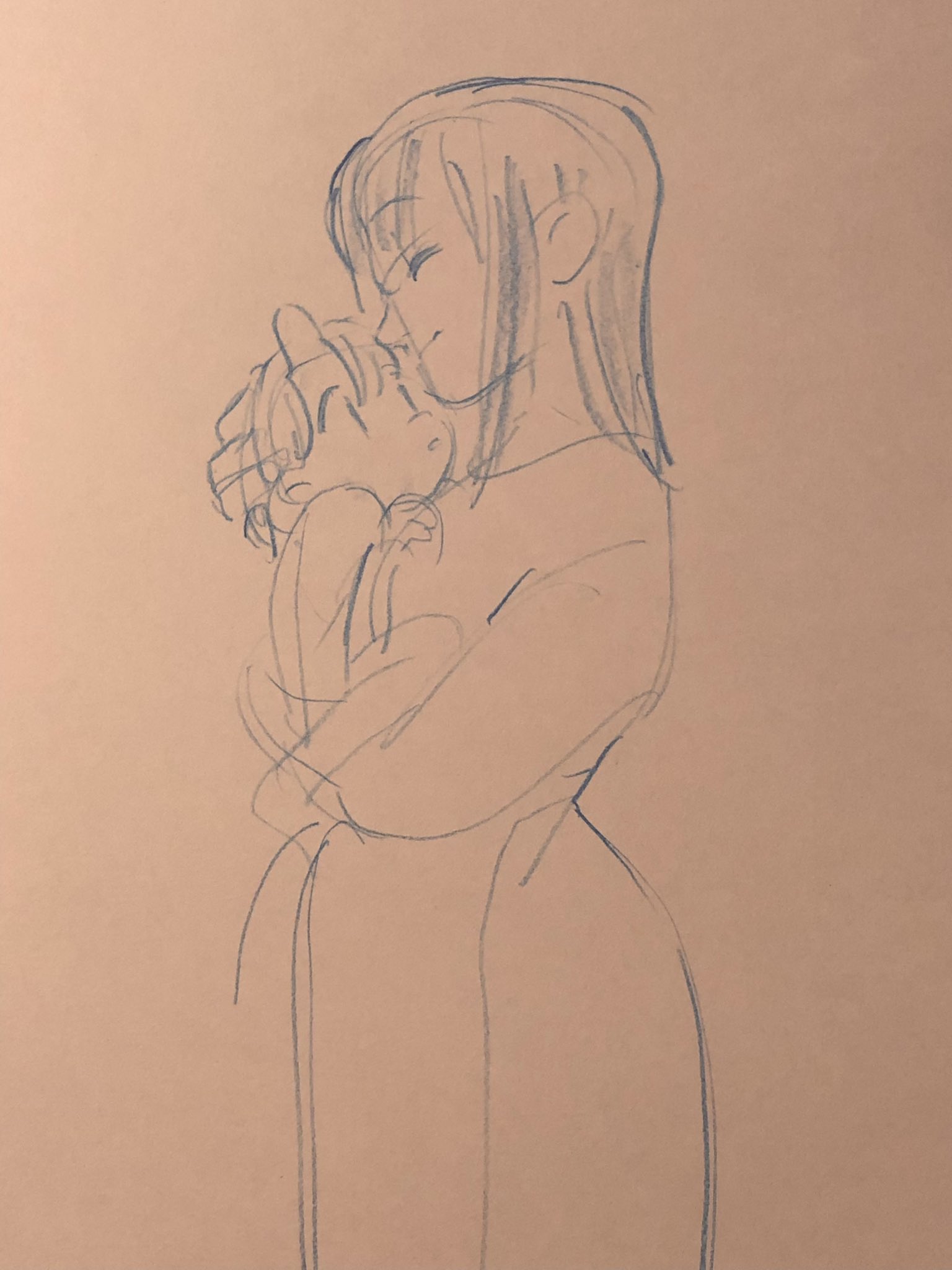 a soft and tender pencil sketch of a mother holding her sleeping baby close. the lines are delicate, capturing the love and intimacy of the moment. the mother's eyes are closed as she gently kisses the baby's forehead.