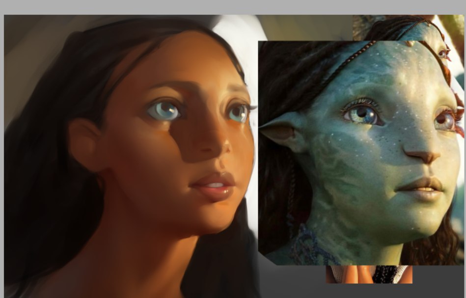the image shows two closeup portraits of female faces sidebyside. on the left is a stylized illustration of a woman with warm brown skin and large blue eyes.  the lighting suggests a warm, natural light source. on the right is a still of neytiri from the movie avatar. she has blue skin, large blue eyes, and pointed ears.  both characters have a similar expression of wonder and awe.