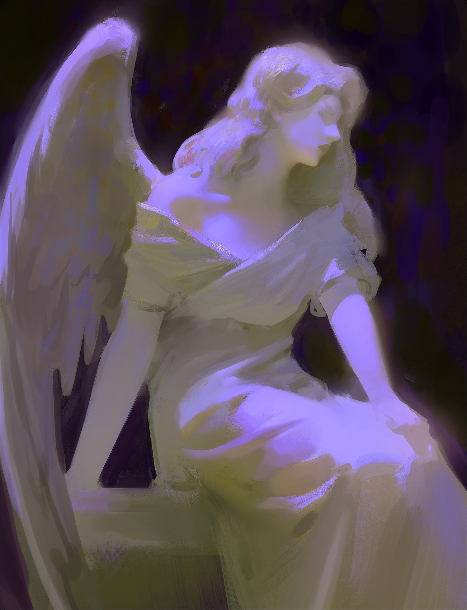 a sculpture of an angel with wings spread out, sitting with a serene expression. the angel is dressed in a long white gown, and the lighting is soft and ethereal.