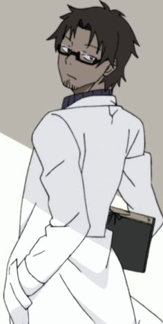 a man with brown hair wearing a lab coat, blackrimmed glasses, and holding a black book is facing right with his head turned back to the left. the background is a light gray.