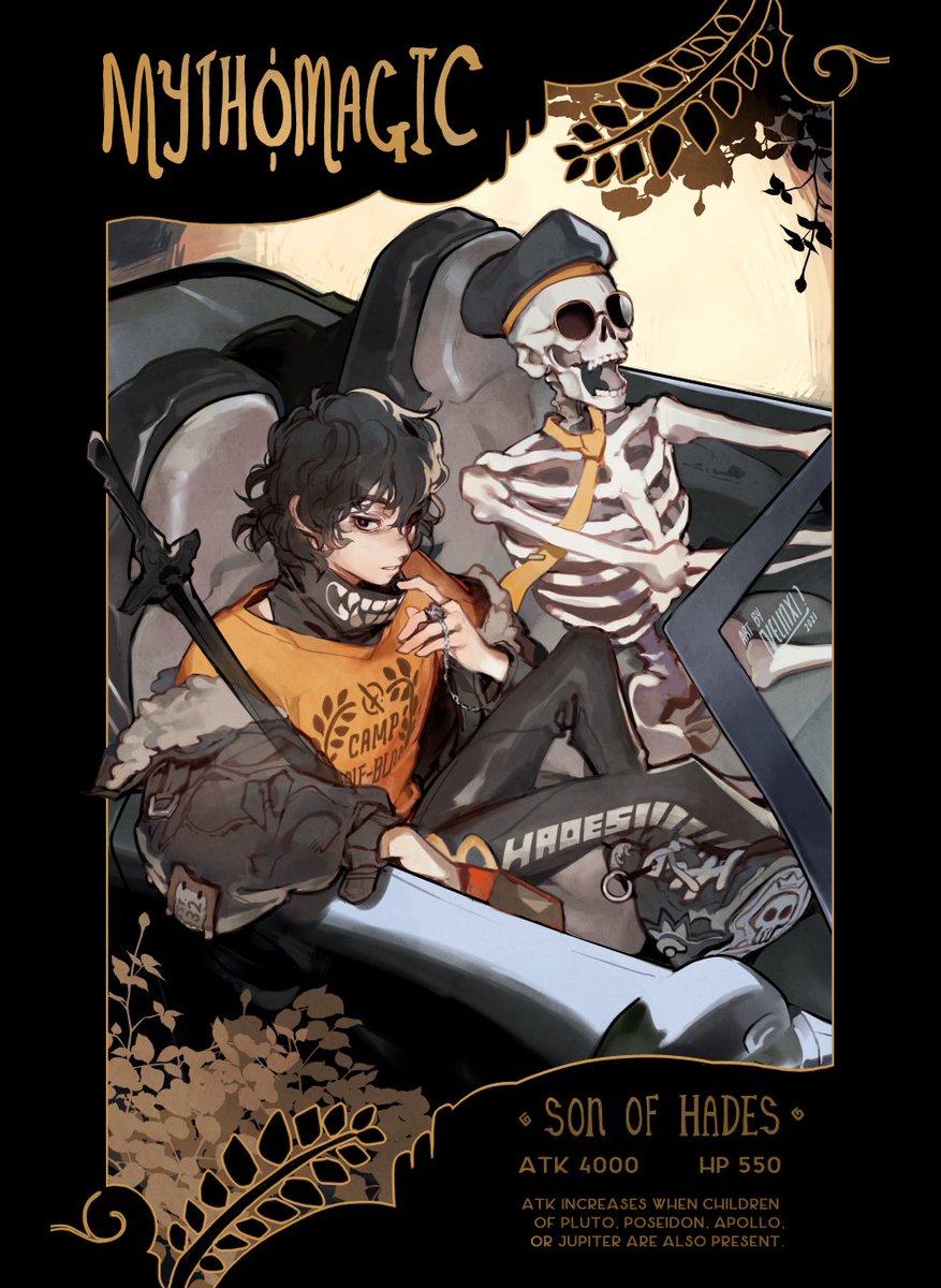 the image is a mythomagic card featuring nico di angelo, a character from the percy jackson series, who is the son of hades. he is sitting in a car with a skeleton wearing a tie. the card also features the words "mythomagic", "son of hades", the attack (atk) and hit points (hp) statistics of the card, and a description of the card's special ability. the background of the card is black with goldcolored leaves.