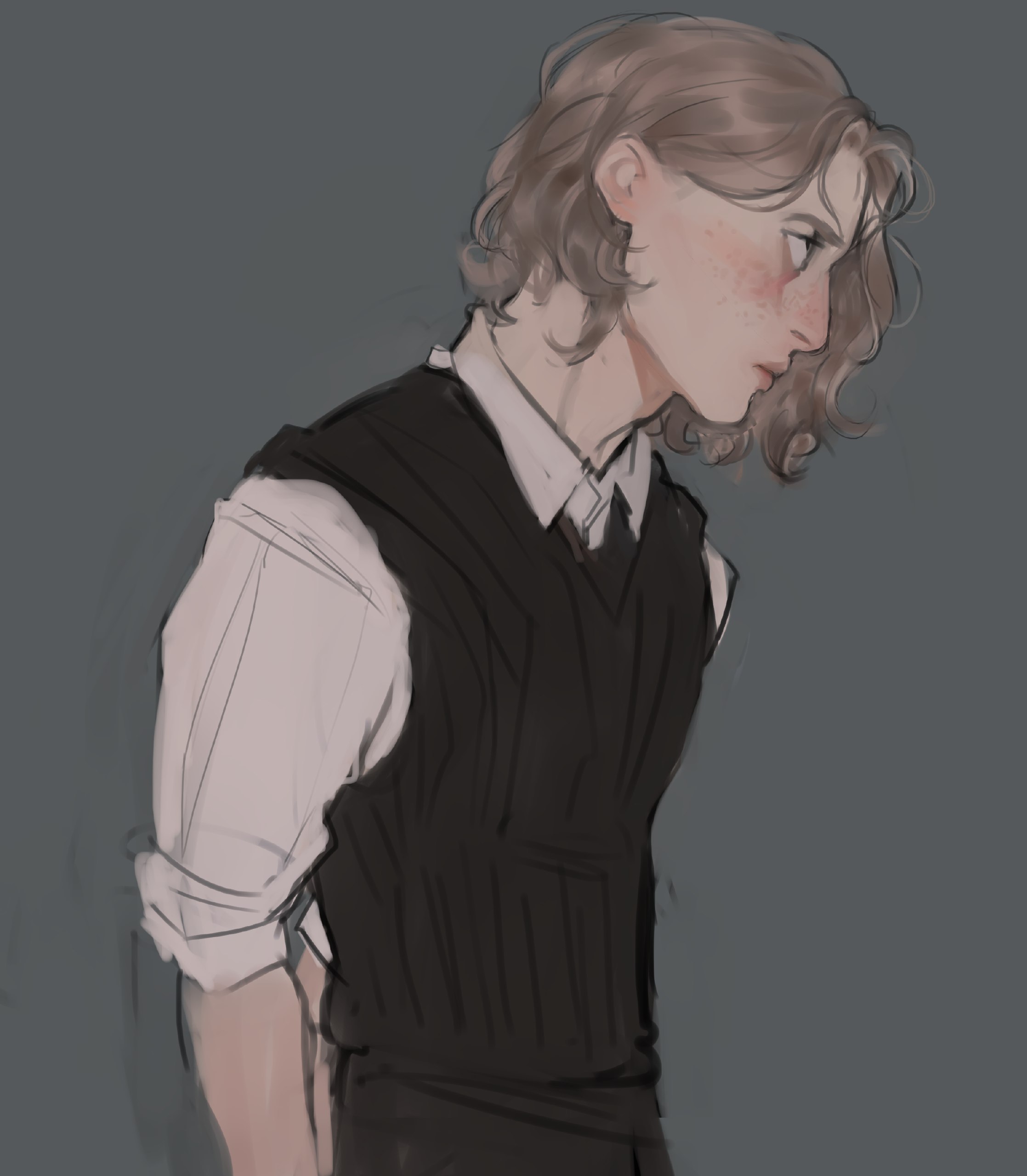 a digital sketch of a young man with mediumlength curly hair and freckles. he is wearing a white buttondown shirt and a darkcolored sweater vest. the background is a solid gray color. the image is cropped to show the figure from the waist up. the art style leans towards a soft, slightly painterly feel.