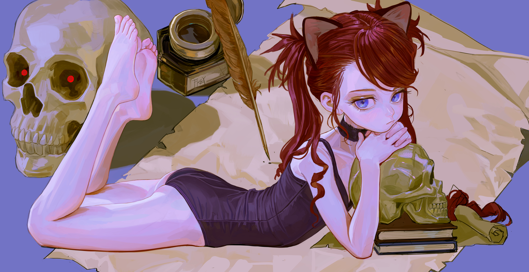 a drawing of a female character with red hair in pigtails and cat ears. she is lying down next to a skull, with a quill and parchment nearby. there is also a book and an inkwell in the scene. the character is wearing a black dress and has a choker around her neck. another skull with red eyes is present in the image as well.