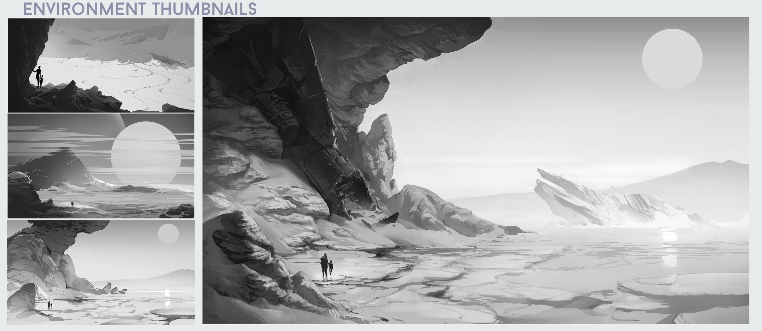 this image showcases a collection of grayscale environment thumbnails likely created for a scifi project.  the thumbnails depict a desolate yet beautiful alien planet, characterized by a rocky landscape and a frozen lake or ocean. a massive moon or planet dominates the sky, casting a soft, ambient light across the scene. two small figures, rendered as silhouettes, are positioned within the landscape, emphasizing the vastness and isolation of the environment. the overall mood conveyed is one of serenity and exploration, hinting at a narrative set within a captivating, otherworldly setting.