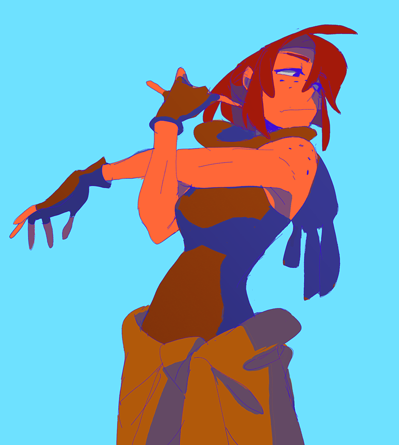 a vibrant, digital illustration of a woman with red hair. she is wearing a blue, brown, and orange outfit. she is posed with her arm stretched out, and is looking to the side. her hand is in a glove.