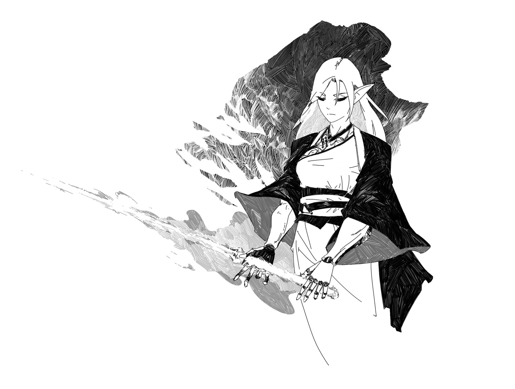 the image is a stylized black and white illustration or drawing of a female elf. she has long, flowing hair, pointed ears, and is wearing a dark robe or cloak over a lightercolored undergarment. the elf's hands appear to be partially robotic or cybernetic. she holds a staff or wand which is emanating a stream of light or energy. the background is abstract and textured, suggesting a mystical or ethereal atmosphere. the overall style is reminiscent of anime or manga, with flowing lines and a focus on expressive character design. the elf's expression is serious and her pose suggests power and grace.