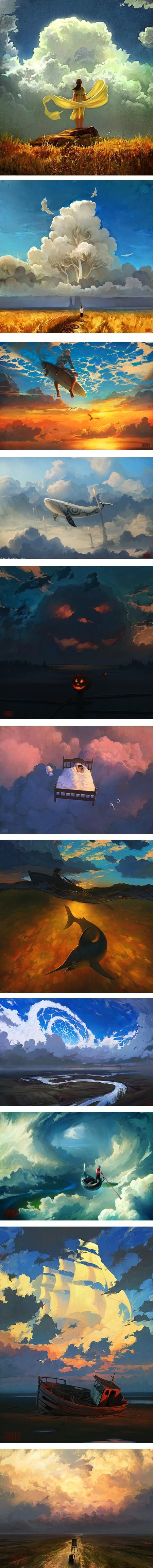 the image is a compilation of various fantasy landscape scenes. it features multiple panels showing surreal depictions of skies, sunsets, water bodies, and whimsical transportation elements. some panels include ships sailing through clouds, airplanes flying in fantasy skies, and boats sailing on reflective water surfaces. the overall impression is one of imagination and ethereal beauty.