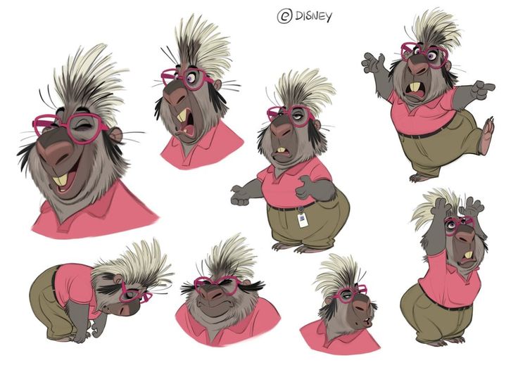 the image shows a character design sheet of a porcupine character in various poses and expressions. the character is wearing pink glasses, a pink shirt, and khaki pants. the sheet includes different facial expressions and body poses to showcase the character's personality and potential movements. it is a disney character design, as indicated by the ©disney watermark.