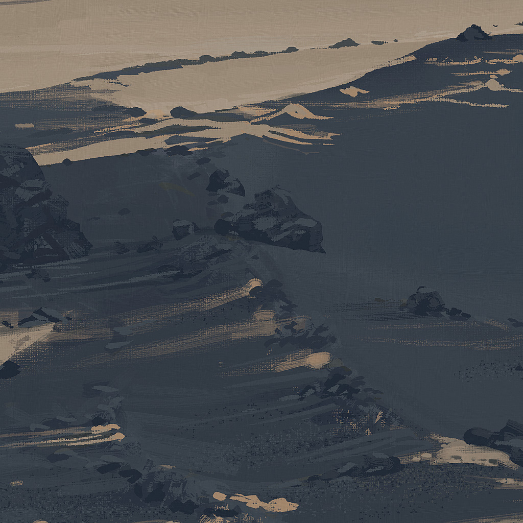 this digital painting showcases a rugged mountainous landscape with a wide, open sky. the mountains are characterized by their rocky peaks and cliffs, with a sense of vastness and solitude. the sky is a soft blue, with wispy clouds creating an ethereal atmosphere.  the landscape is painted in a style that evokes a sense of realism, but with a subtle painterly quality. the brushstrokes are visible, giving the image a textured and organic feel. the overall mood of the painting is one of peacefulness and tranquility.