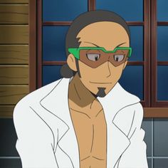 a cartoon man with brown skin, black hair tied back, and a goatee is shown from the chest up. he's wearing sporty green glasses on his face and a white, open jacket that reveals a toned chest. the background is brown wood with a dark blue window behind the man on the left and a wall on the right.