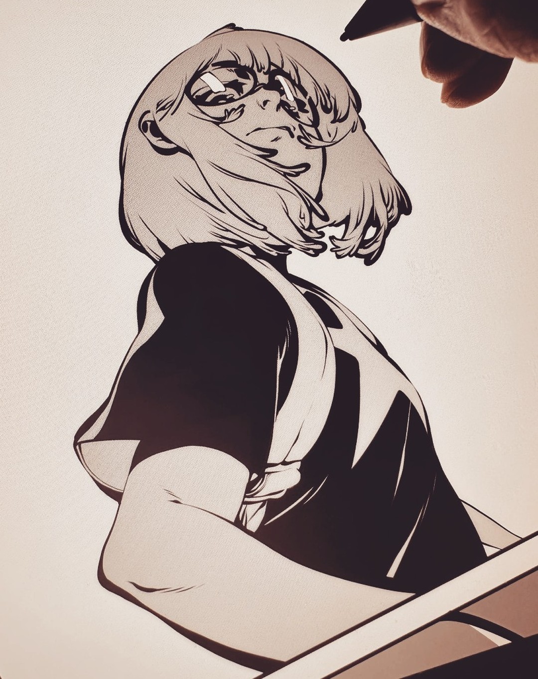 this is a closeup image of a drawing of a young woman. she is wearing glasses, a black tshirt and a backpack. she has her hair in a bob cut and she is looking up. the drawing is being done with a pen by an artist's hand. the drawing is in black and white with a shaded effect. the background is white.