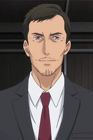 the image is an animestyle portrait of a man with short brown hair, purple eyes, and stubble. he is wearing a black suit with a white shirt and a maroon tie. he has a serious expression on his face and appears to be in an office setting.