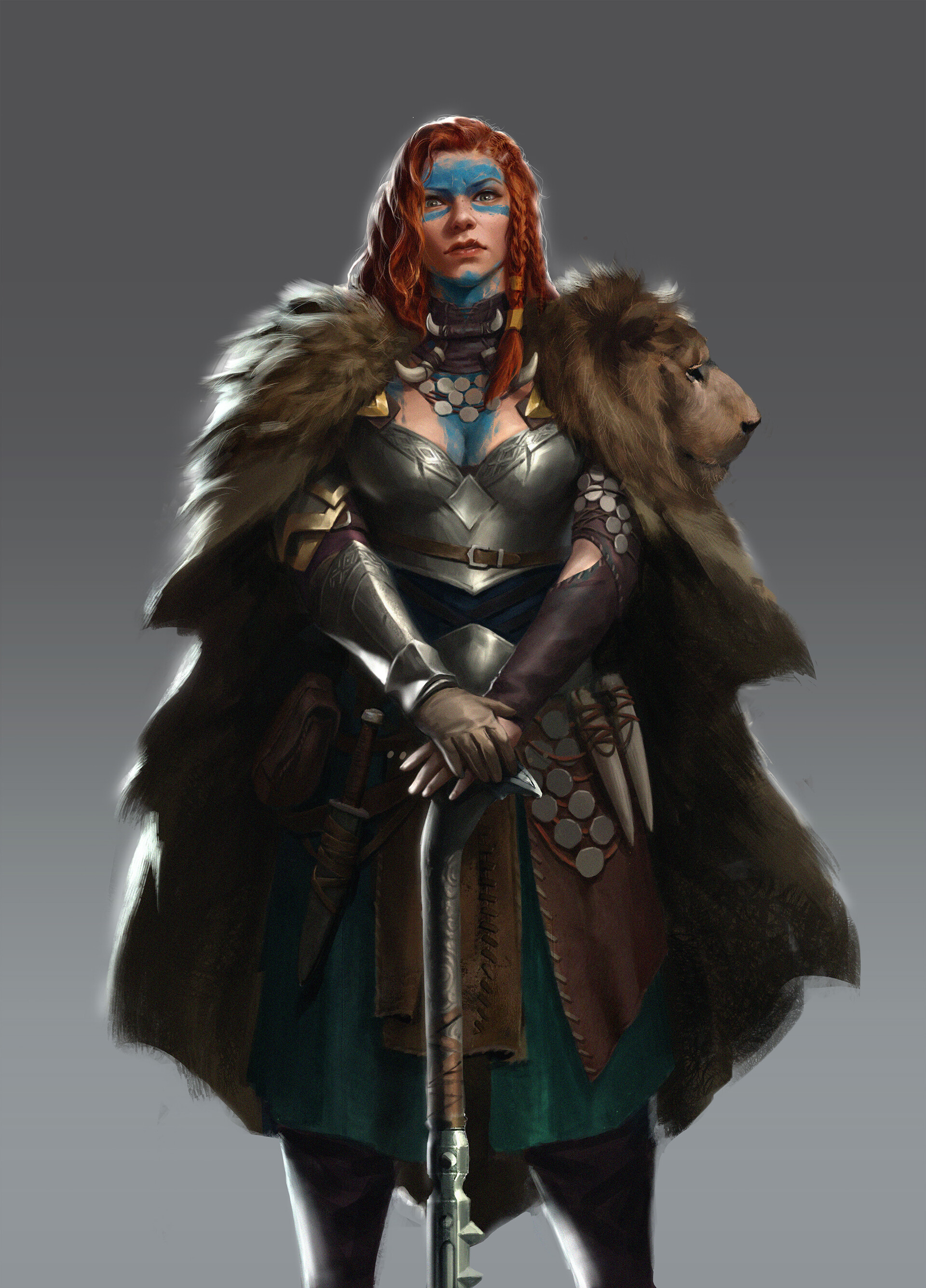 a digital painting depicts a fierce female warrior with fiery red hair and striking blue face paint, standing with a mace in her hands. she is clad in detailed armor with a fur cloak draped over her shoulders, topped with a lion pelt. her attire includes a leather belt, dress, skirt, and gloves, indicative of a fantasy setting. the warrior exudes strength and determination.