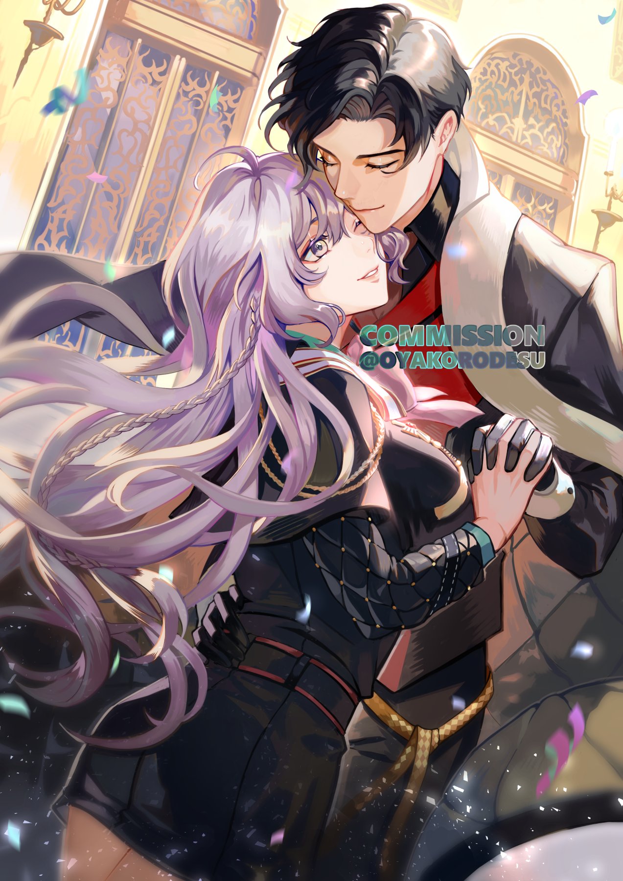 the image is a beautiful anime illustration depicting a romantic couple embracing in a grand palace setting. the woman has long purple hair and is wearing a black dress with gold accents. she is smiling brightly, her eyes closed. the man has black hair and is wearing a black suit with a white shirt. he is looking down at the woman with a tender expression on his face. the couple is surrounded by glittering confetti, signifying a festive atmosphere. there is a large ornate window in the background, with sunlight streaming through it. the scene is full of love and joy, and the couple's happiness is palpable. the artwork is highly detailed and beautifully executed, with stunning use of color and light. the image is a testament to the power of love and its ability to create beautiful moments. the artist's talent for capturing emotion is evident, and the artwork is sure to resonate with anyone who has experienced the joy of love.  the artstyle is  in the style of a comic book, featuring vibrant colors, dynamic poses, and intricate details. this style is often used for creating visually appealing and engaging stories. this image is an example of how digital art can be used to create beautiful and captivating artwork.