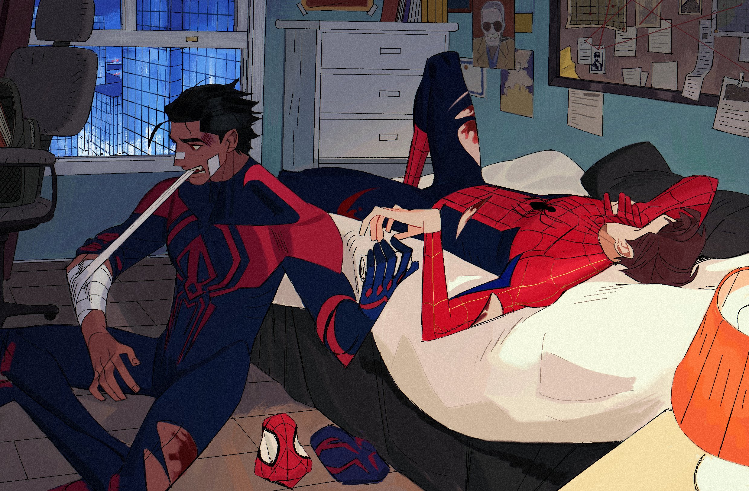 this is a drawing of two male superheroes, one in a red and blue spiderman costume lying down on a bed with his hand over his eyes. he is looking tired, maybe even in pain. the other superhero, who is wearing a red and black costume, is sitting next to the bed, watching him, with a worried expression. the room is dark and the only light source is the lamp next to the bed. the spiderman character has an injured arm and his arm is bandaged. the drawing suggests a relationship between these two characters.