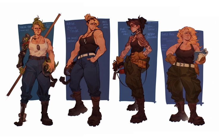 the image showcases a digital illustration featuring five distinct female characters. each character is portrayed from the knees up, standing against a blue background. they are all presented individually, seemingly character profiles.  each woman sports a unique militaryinspired or scifi outfit, showcasing a range of styles and gear including cargo pants, boots, and weapons.  the characters exhibit different body types, hairstyles, and personal aesthetics. one character sports a prosthetic arm. the art style is stylized, featuring detailed clothing, textures, and expressive character poses and facial expressions.  information accompanying each character suggests names and possibly titles or affiliations.  the overall tone is gritty and compelling, portraying a sense of strength and determination.