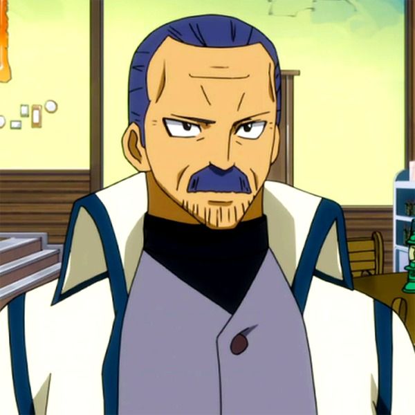 a cartoon character is a man with white hair, a blue mustache and a grey beard. he is wearing a white jacket with blue and grey trim. the background of the image is a room with wood paneling.  he has a serious expression on his face.  the man is looking off to the side of the image.