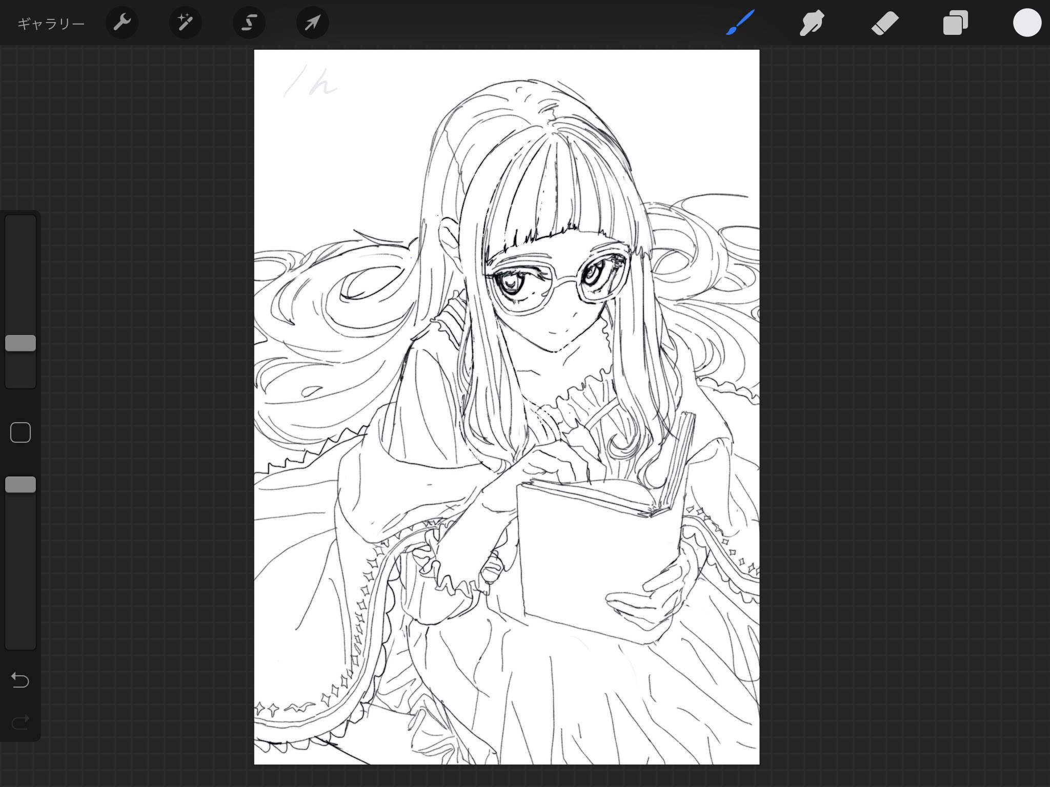 a digital sketch of an animestyle girl with long hair and glasses, dressed in an elegant dress, sitting and reading a book.  the image is in black and white line art style and appears to be a work in progress within the clip studio paint software, as indicated by the interface elements visible along the sides.  the style is detailed and delicate, focusing on the character's expression and pose.